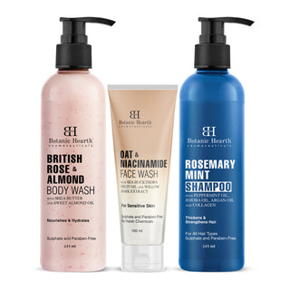 Botanic Hearth Fresh Start Trio | Oat & Niacinamide Face Wash, British Rose & Almond Body Wash & Rosemary Mint Shampoo Set of 3