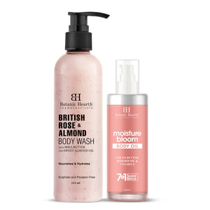 Botanic Hearth Nourishing Bloom Body Oil 100ml with British Rose, Almond Bodywash 245ml