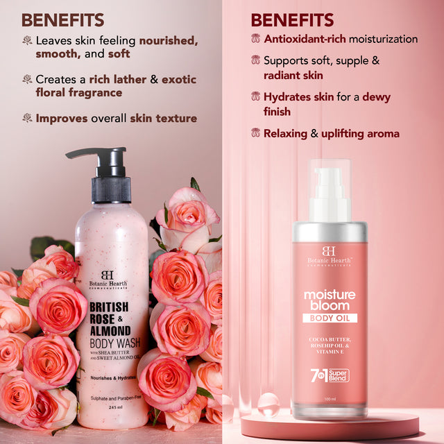 Botanic Hearth Nourishing Bloom Body Oil 100ml with British Rose, Almond Bodywash 245ml