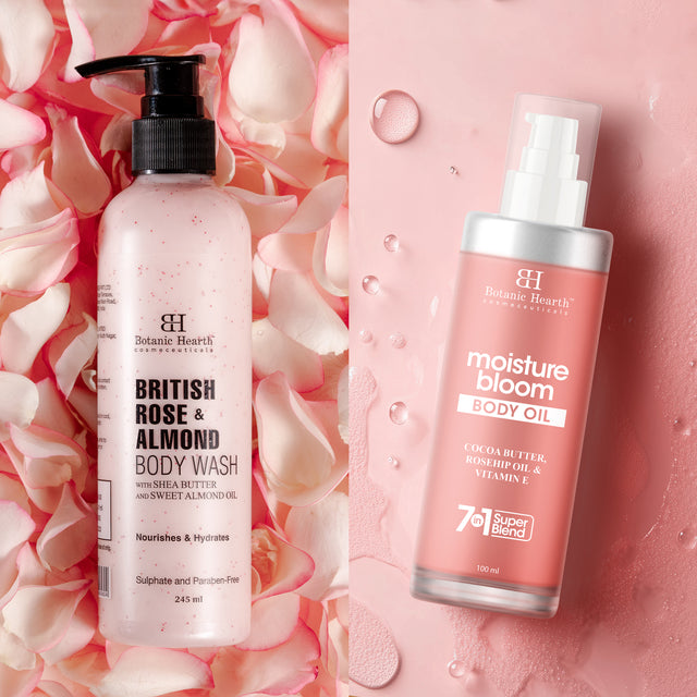 Botanic Hearth Nourishing Bloom Body Oil 100ml with British Rose, Almond Bodywash 245ml