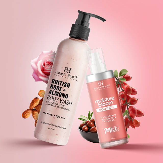 Botanic Hearth Nourishing Bloom Body Oil 100ml with British Rose, Almond Bodywash 245ml