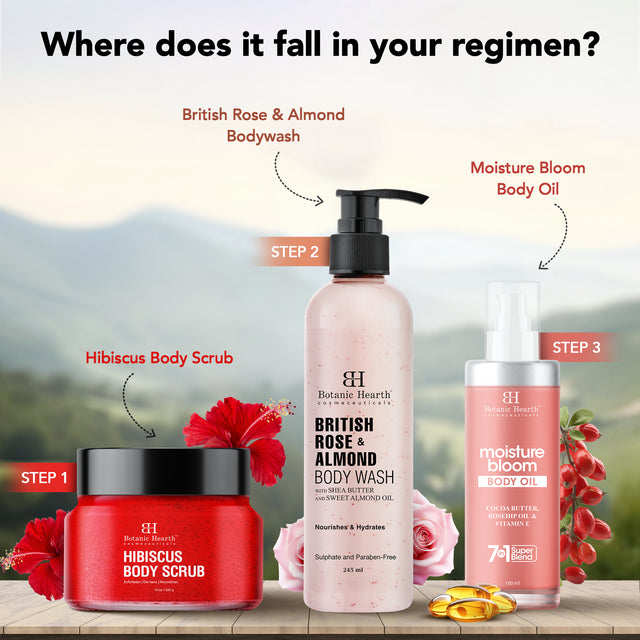 Botanic Hearth Nourishing Bloom Body Oil 100ml with British Rose, Almond Bodywash 245ml
