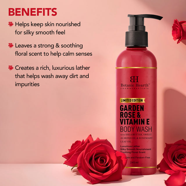 Botanic Hearth Garden Rose & Vitamin E Body Wash - 245ml - Moisturizing & Nourishing Formula - Gentle Cleanser