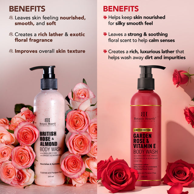 Botanic Hearth Garden Rose with  British Rose & Almond Body wash 245ml each